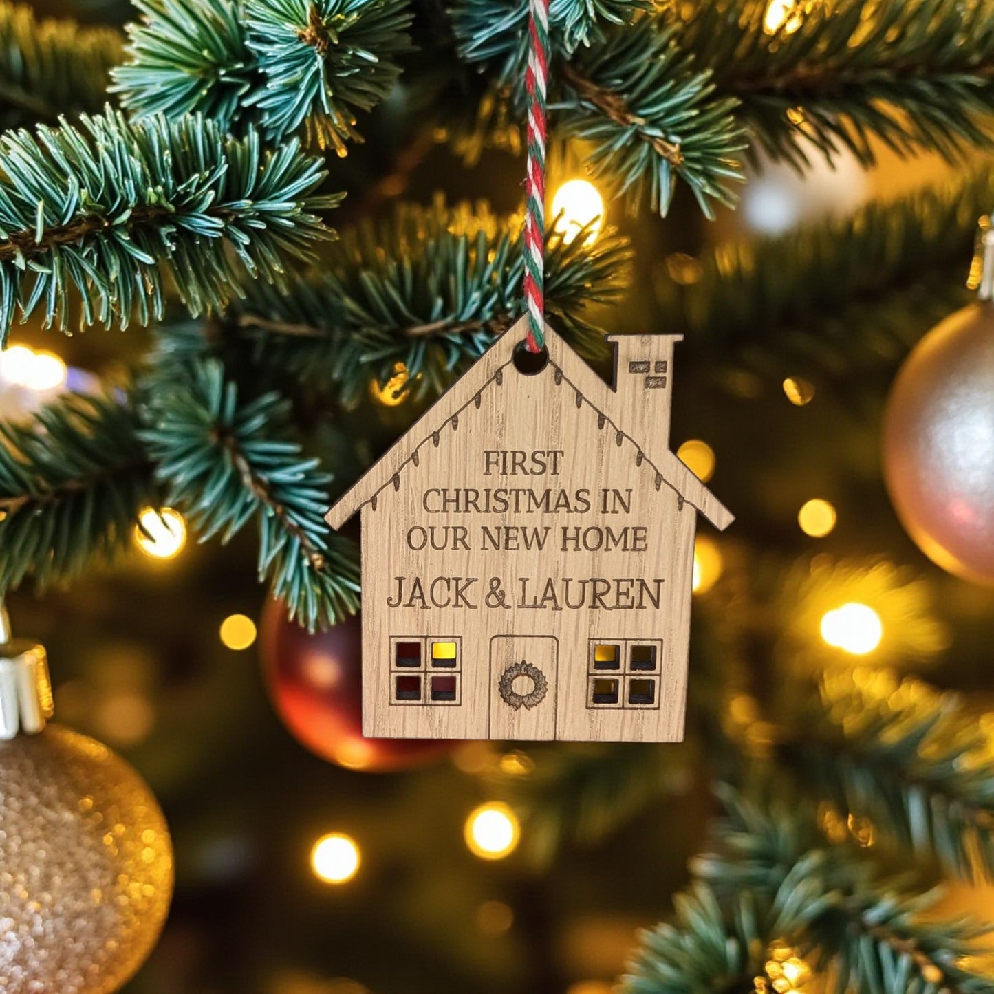 🎅 Personalised First Christmas in Our New Home Wooden House Bauble