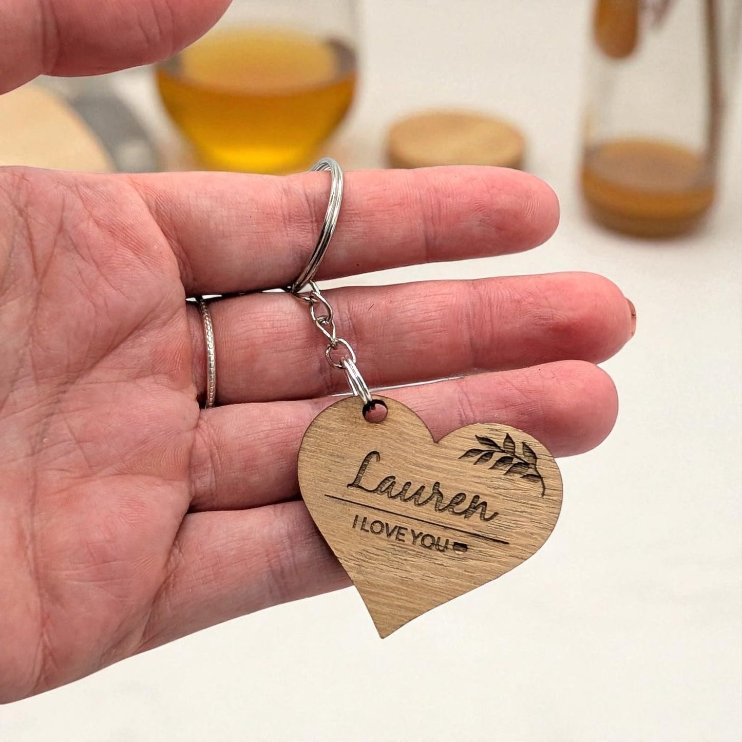 ❤️ Personalised Wooden Heart Keyring with Name & Message – Engraved Leaf Design