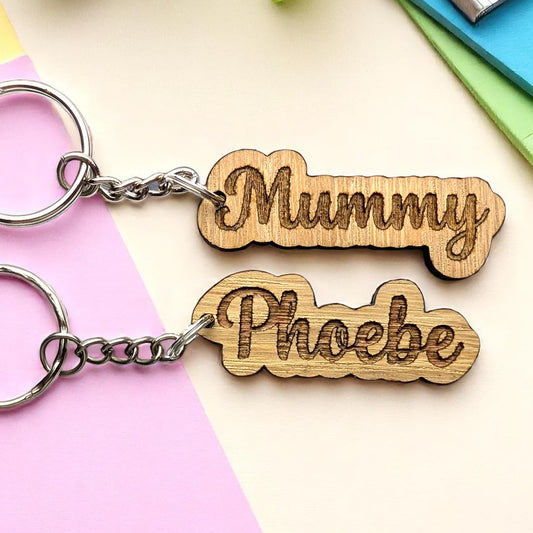 🌸 Personalised Wooden Name Keyring – Mother’s Day Engraved Gift