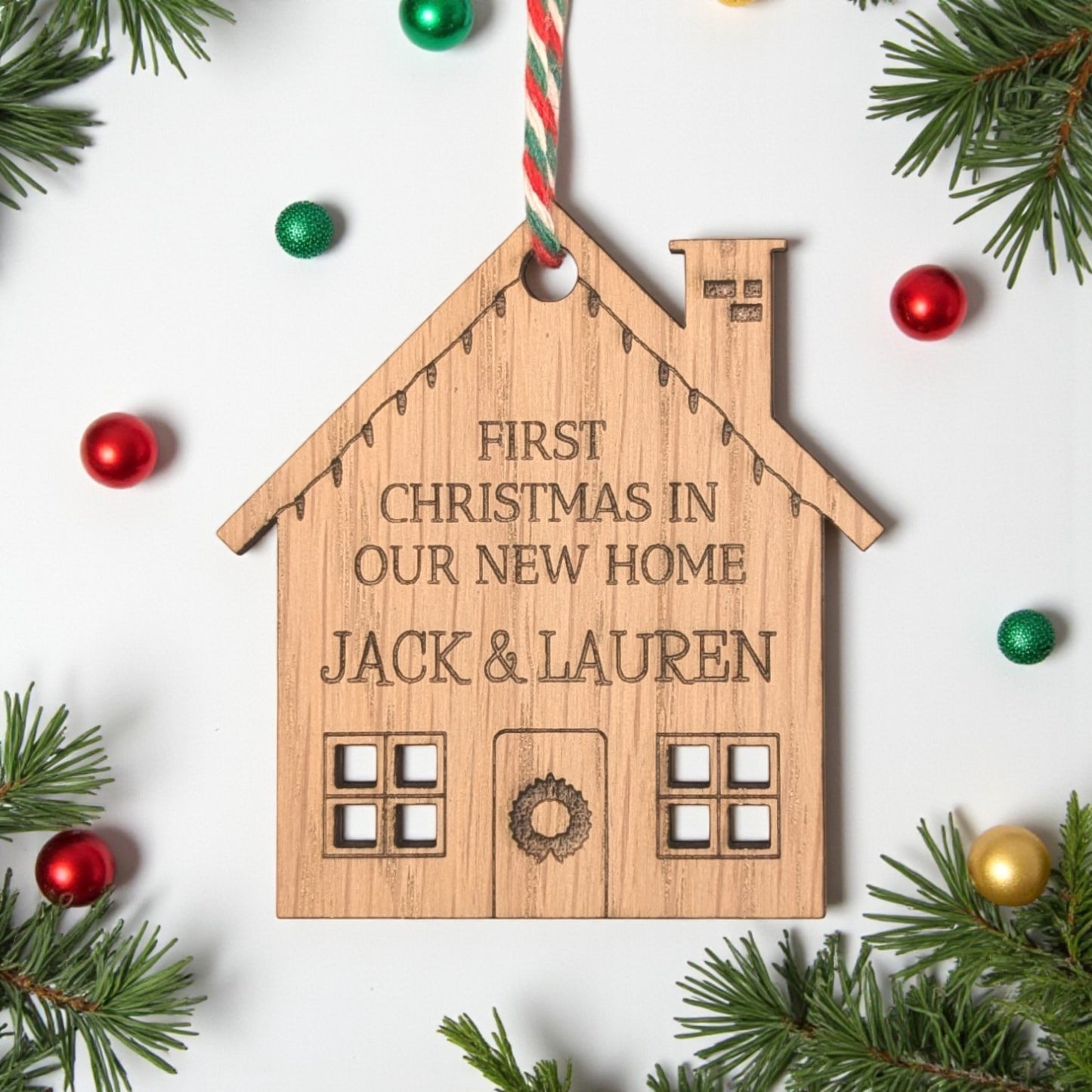 🎅 Personalised First Christmas in Our New Home Wooden House Bauble