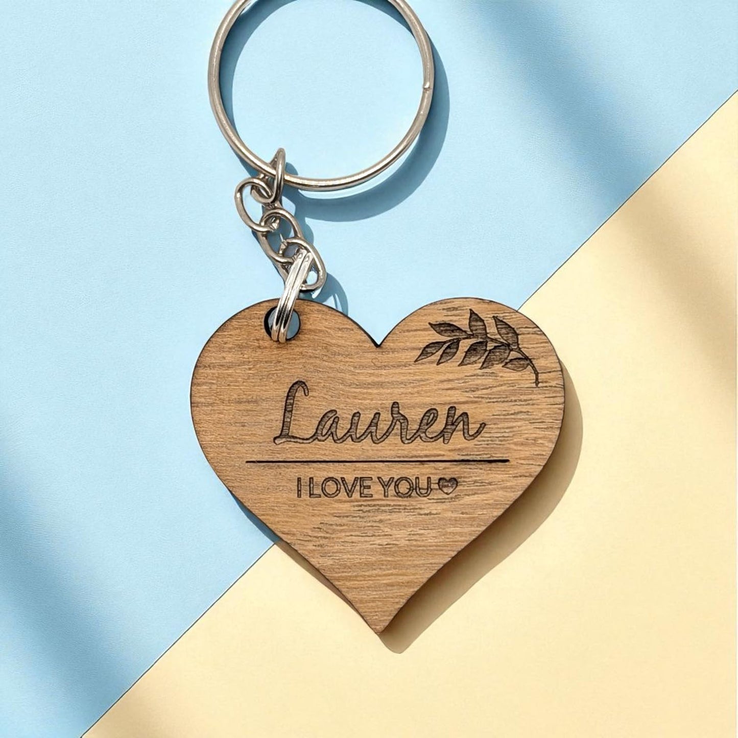 ❤️ Personalised Wooden Heart Keyring with Name & Message – Engraved Leaf Design