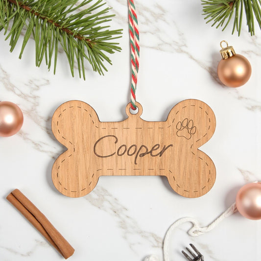 🎄 Personalised Dog Christmas Bauble – Wooden Bone Ornament with Pet Name
