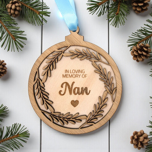 🎄 Personalised In Loving Memory Wooden Christmas Bauble – Memorial Keepsake