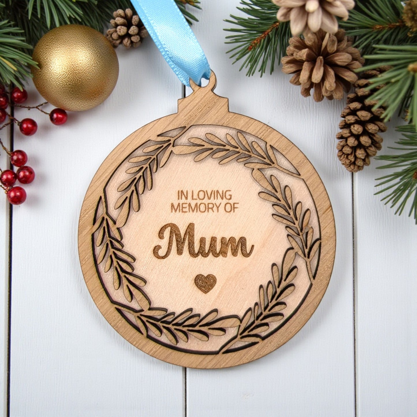 🎄 Personalised In Loving Memory Wooden Christmas Bauble – Memorial Keepsake