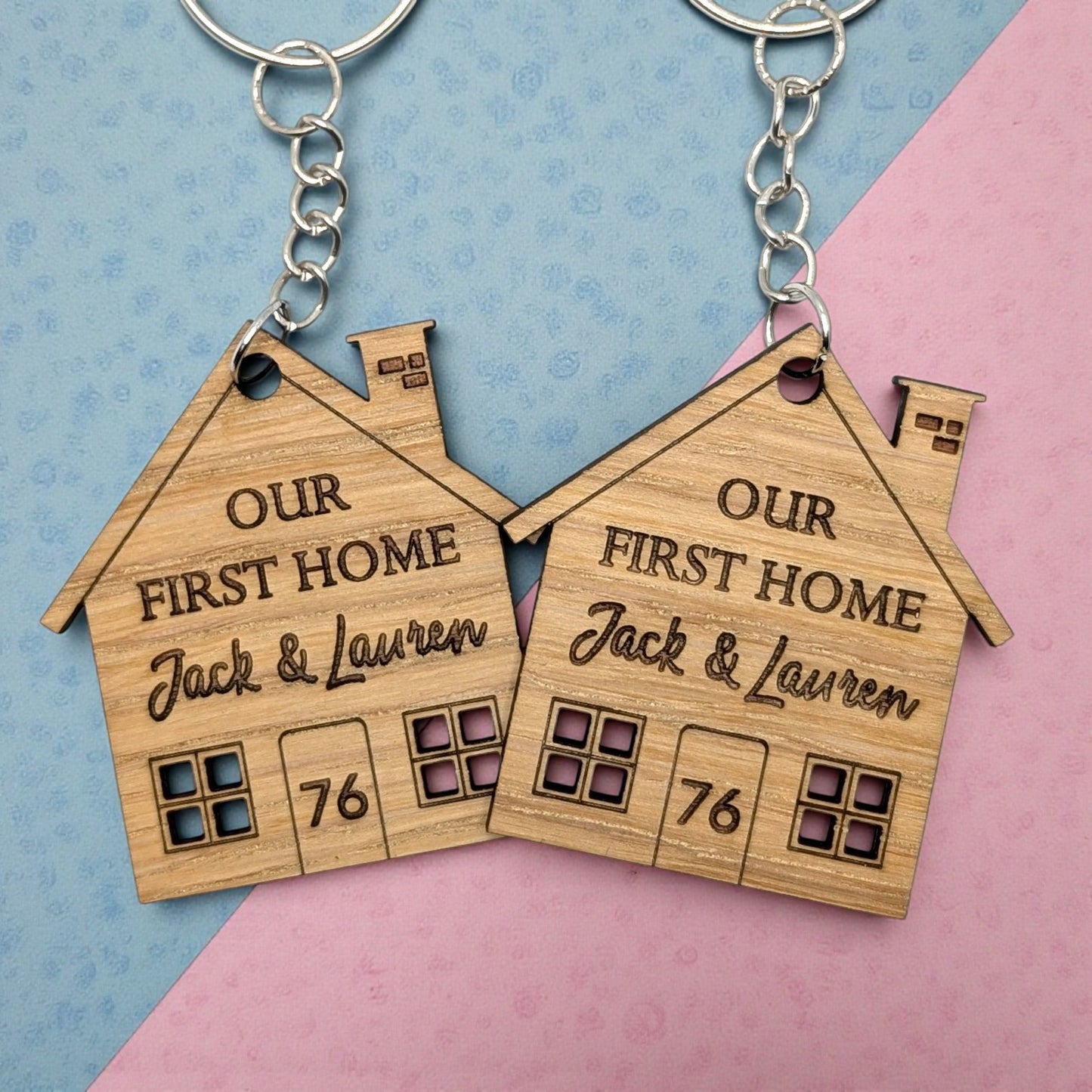 🏡 Personalised New Home Wooden Keyrings – Custom Names & House Number