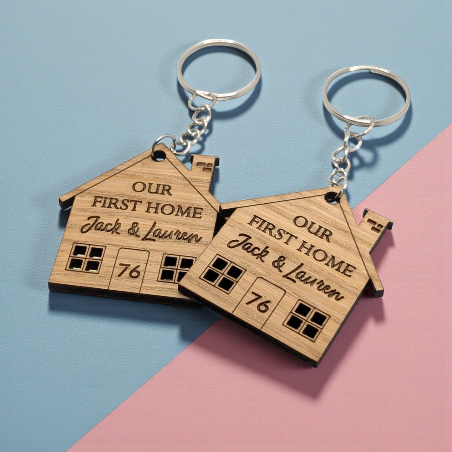 🏡 Personalised New Home Wooden Keyrings – Custom Names & House Number